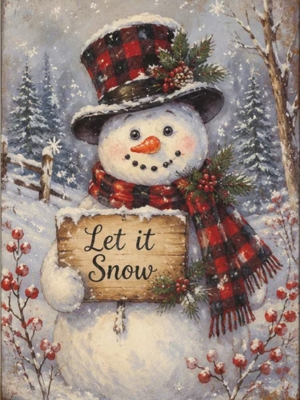 Festive Red Buffalo Plaid Snowman Holiday Canvas Wall Art 8x10